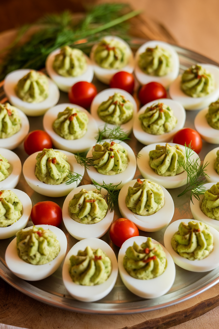 Photo of halved deviled eggs filled with green avocado mixture on a platter under indoor lighting. No text or logos.