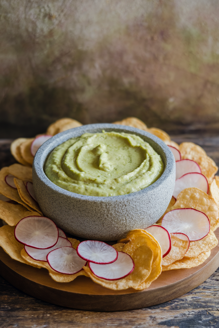 Indoor photo of a pale green edamame-avocado dip in a stone bowl, surrounded by thin radish chips. No logos or text.