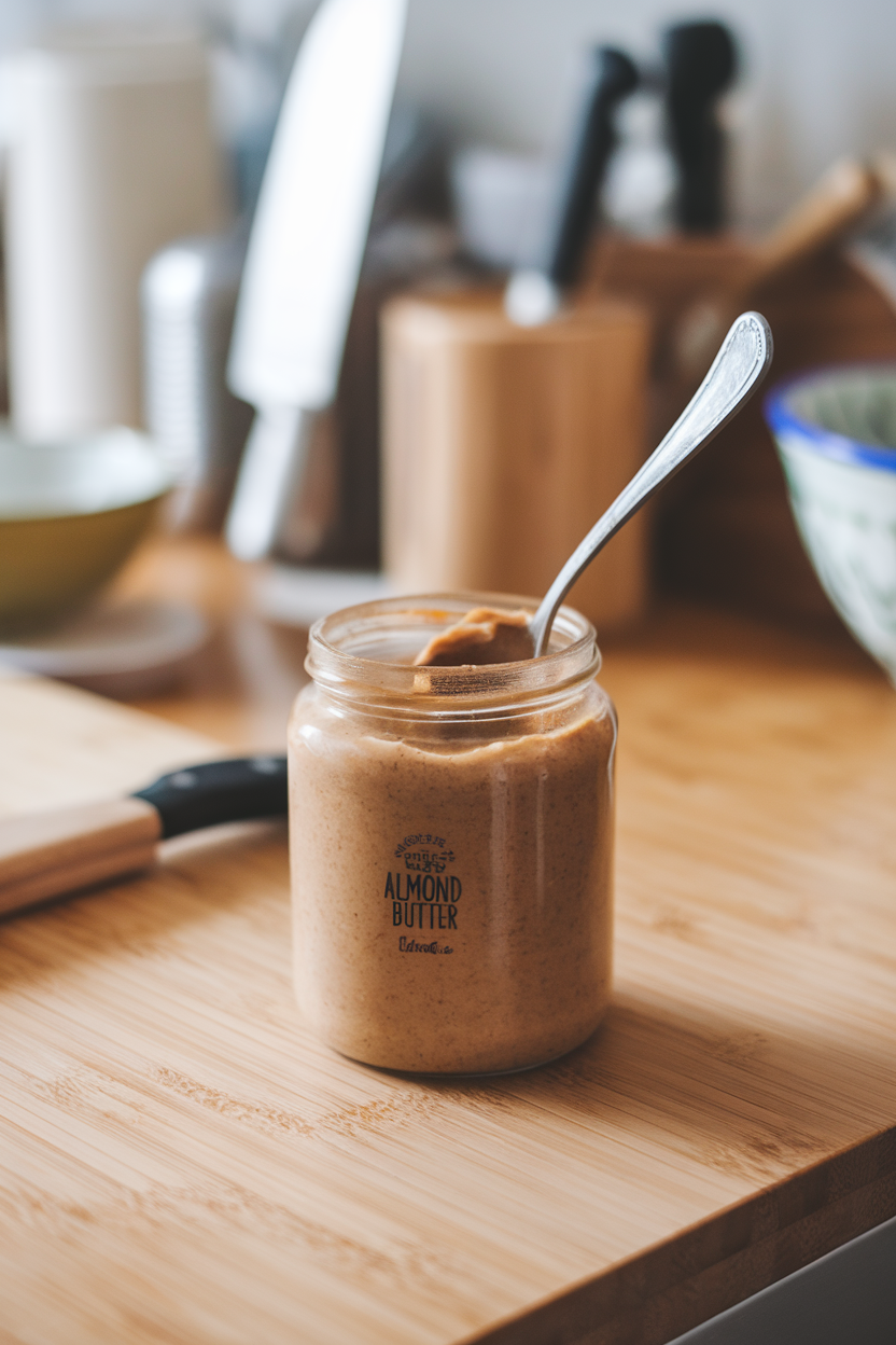 Photo, indoor countertop showing a jar of almond butter with natural oil separated on top, spoon ready to stir, no logos.