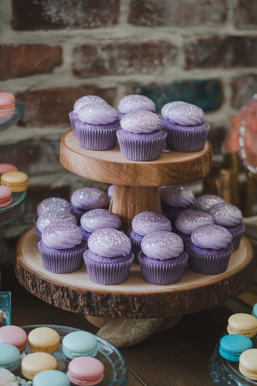 Photo of indoor dessert stand with violet-tinted cupcakes sprinkled in fine iridescent glitter sugar, no text or logos.