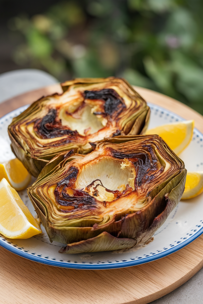 Indoor tabletop with halved grilled artichokes on a serving plate, char marks visible and lemon wedges alongside. No text or logos. Photo only.
