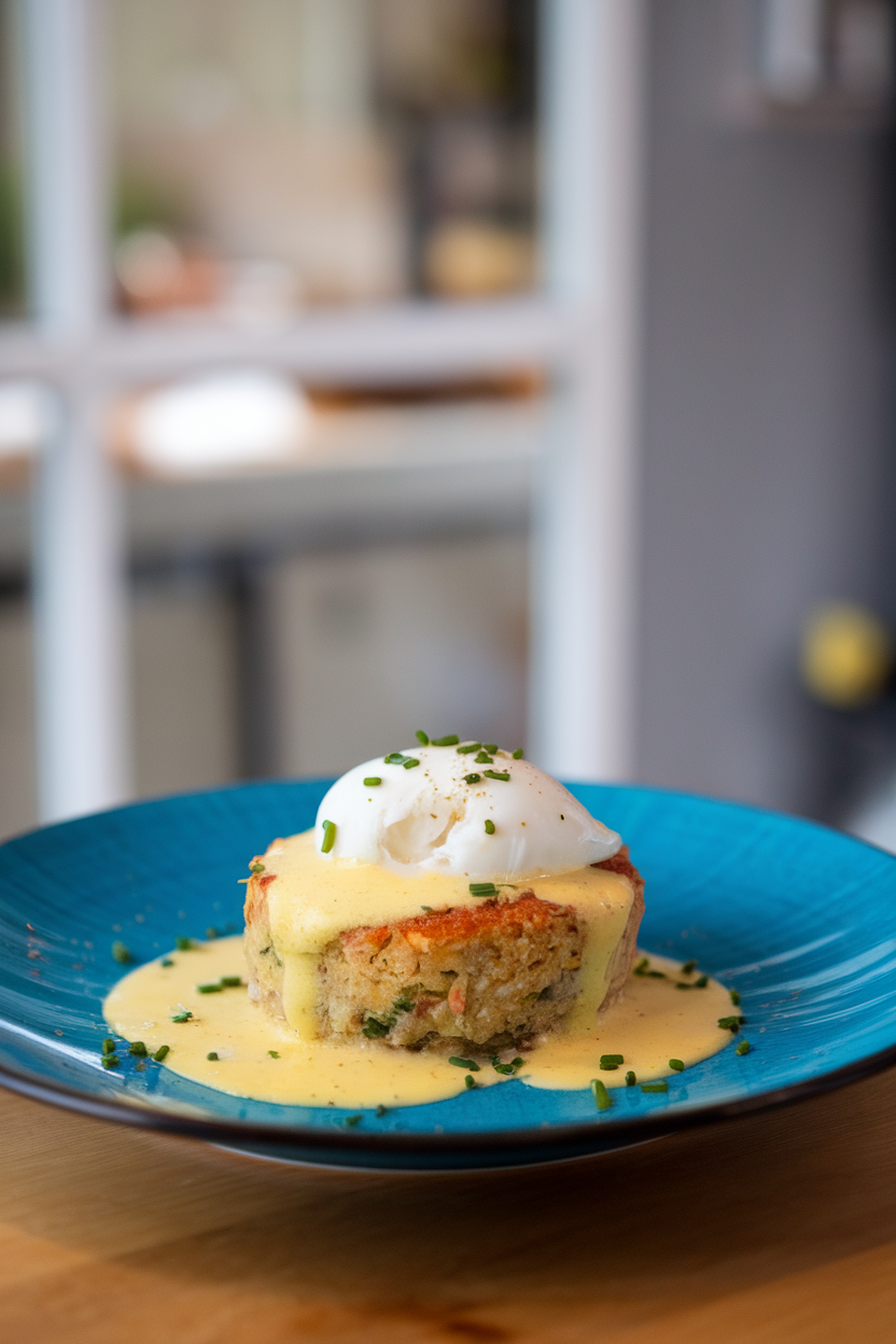 An indoor plate featuring a crab cake topped with poached egg and lemony hollandaise, chives sprinkled, no text or logos.