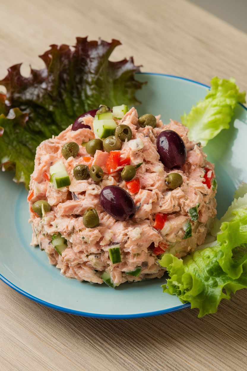 An indoor lunch plate with a mound of tuna salad mixed with olives, capers, diced cucumber, and red pepper, lettuce leaves around the edge. No text or logos. Photo only.