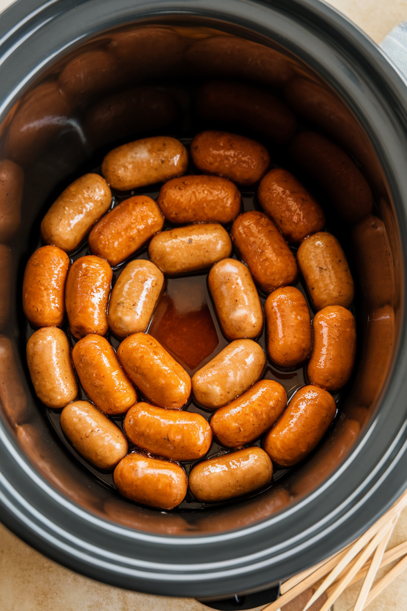 Indoor slow cooker insert filled with mini cooked sausages coated in sticky honey garlic glaze, wooden picks on side; no text or logos