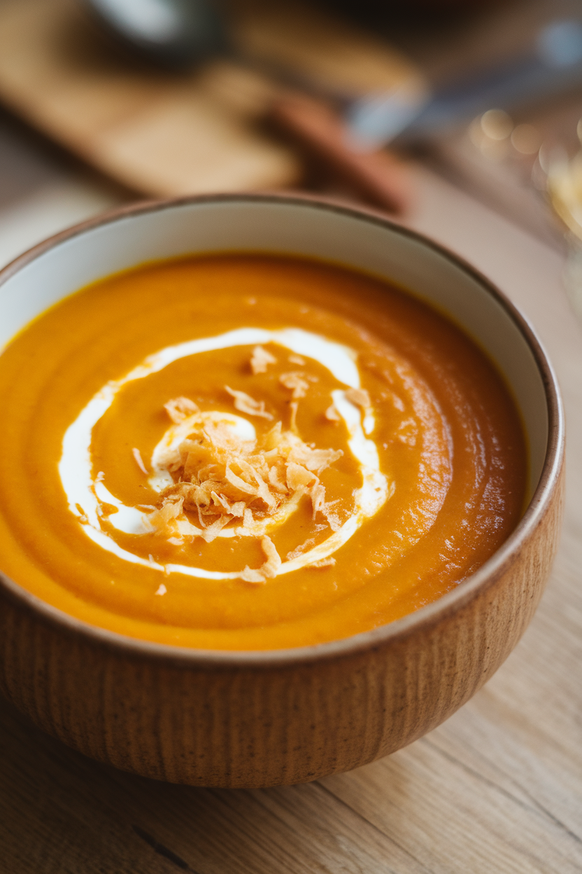 An indoor soup bowl filled with velvety orange pumpkin soup, a swirl of coconut cream and freshly grated ginger on top. No text or logos; photo.