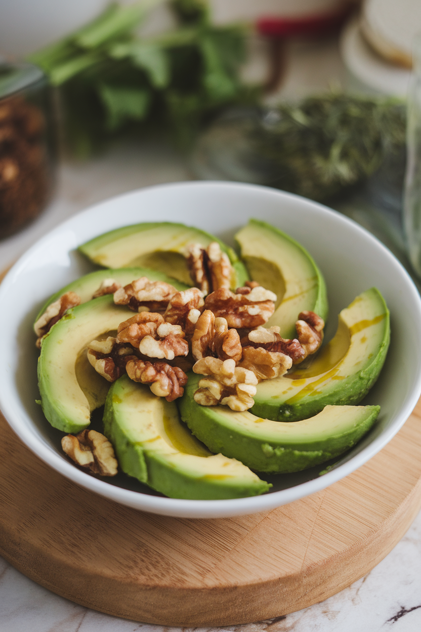 Photo of an indoor bowl containing avocado slices, walnuts, and a drizzle of olive oil, no text or logos present.