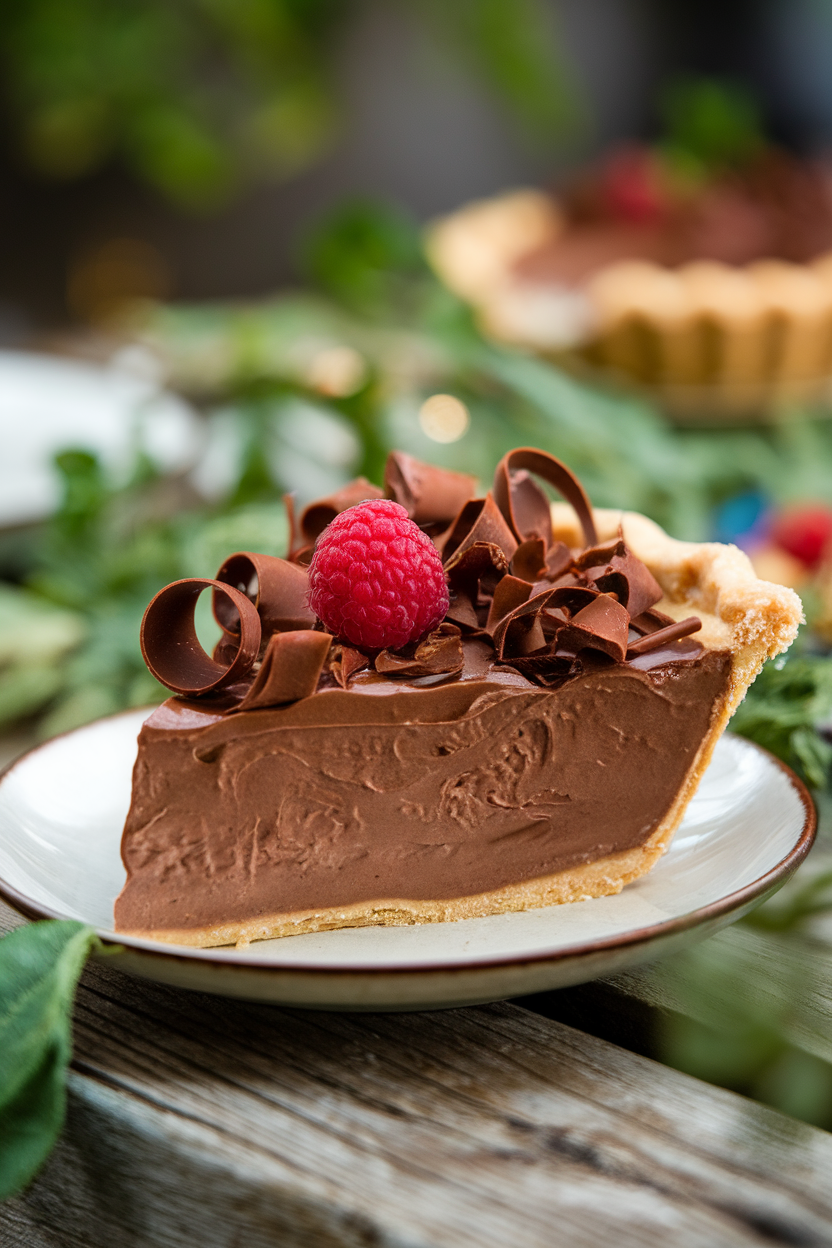 Indoor photo of a velvety chocolate silk pie slice topped with chocolate curls, no text or logos.