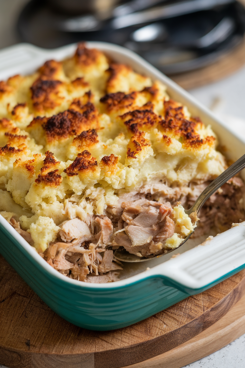 Indoor photo of a casserole dish of turkey shepherd’s pie topped with browned cauliflower mash, a spoonful removed to show layers, no text or logos.