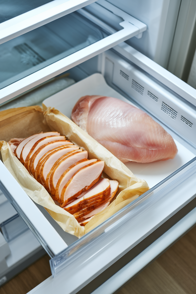 An indoor refrigerator drawer showing turkey slices wrapped in parchment beside fresh chicken breast—photo, no text or logos.