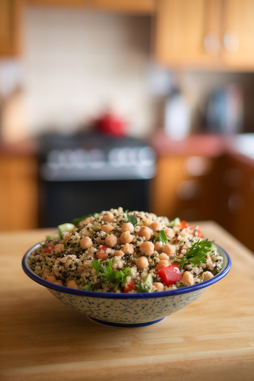 Indoor countertop showing a wide-rimmed bowl of quinoa tabbouleh, dotted with chickpeas, parsley, tomatoes, and cucumbers. Soft lighting; no logos or text. Photo.