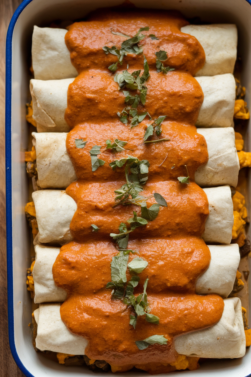 Indoor photo of rolled enchiladas topped with pumpkin sauce in a baking dish; no text or logos
