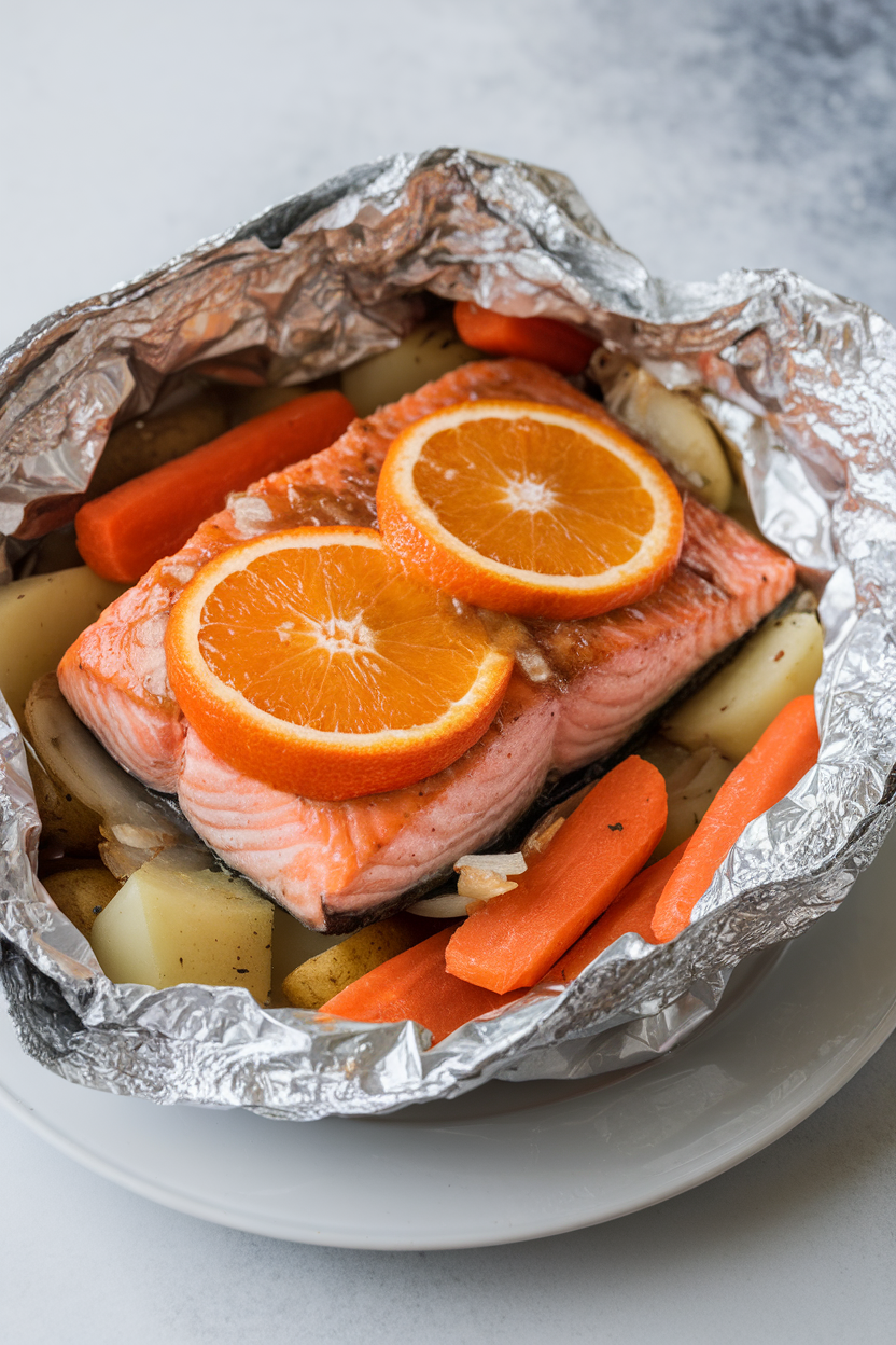 Indoor dining table with foil packet opened to reveal cooked salmon fillet glazed with honey and orange slices, steam rising, no raw fish, no text or logos, photo style