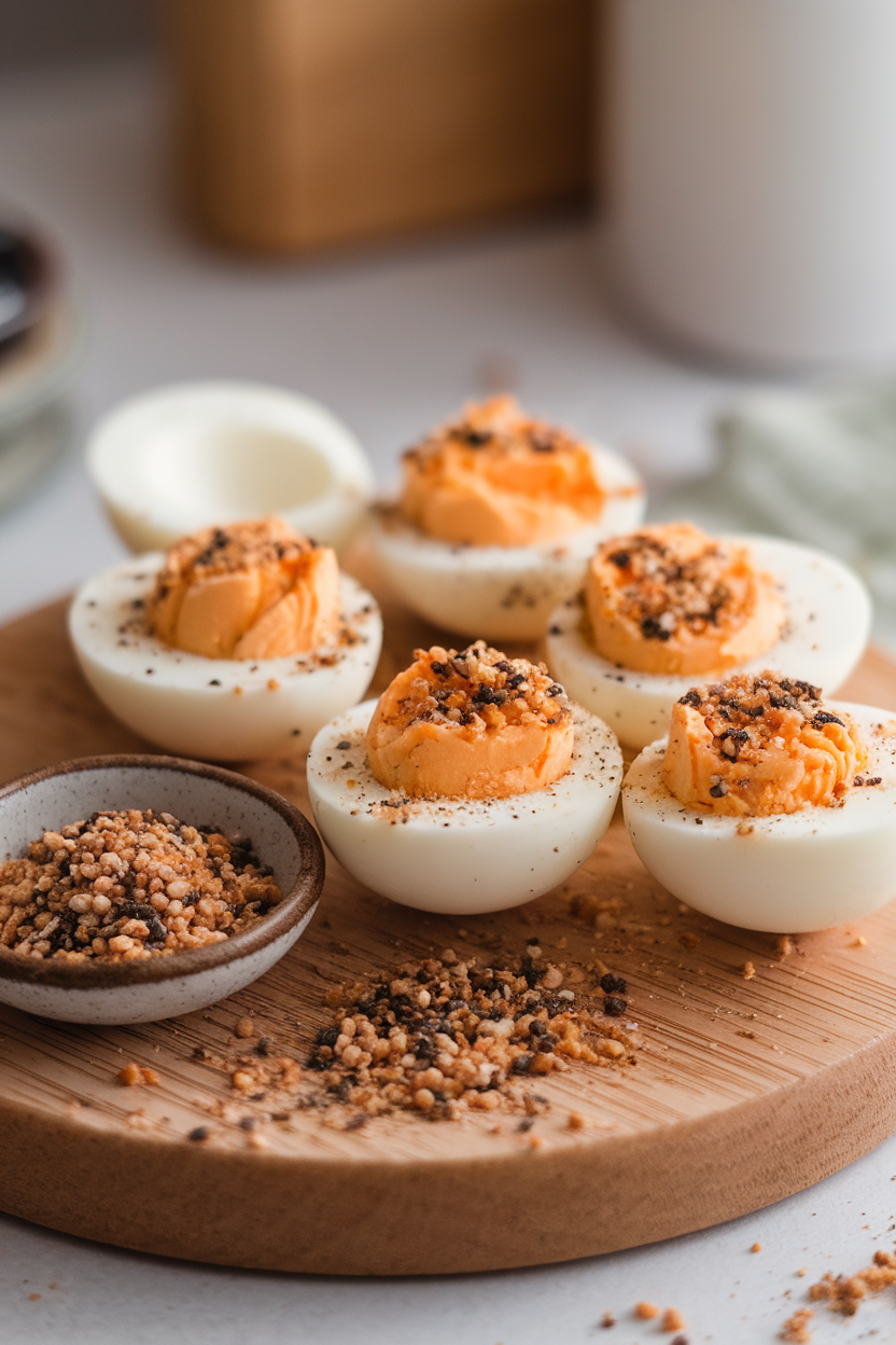 Photo of an indoor wooden board holding peeled hard-boiled egg halves sprinkled with everything bagel seasoning, no branding visible.