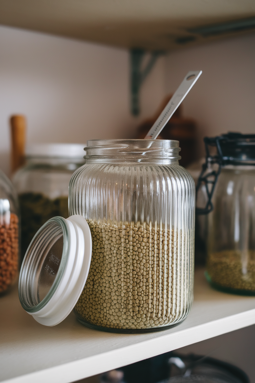 A ridged glass jar of green lentils sitting on an indoor shelf, lid off with a measuring cup half-submerged, no text or logos, photo.
