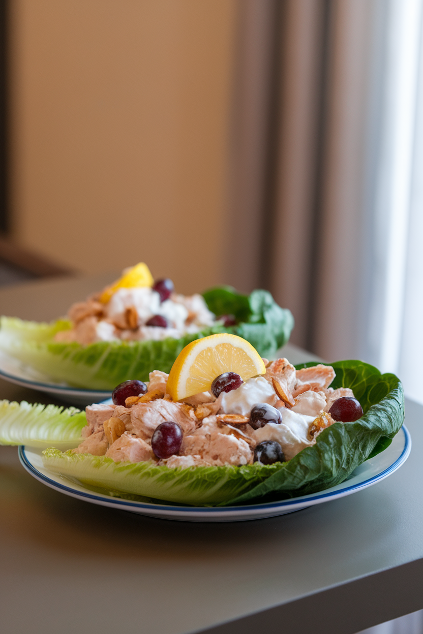 Plate on indoor table featuring romaine leaves filled with chicken salad made with Greek yogurt, grapes, and almonds, no text or logos