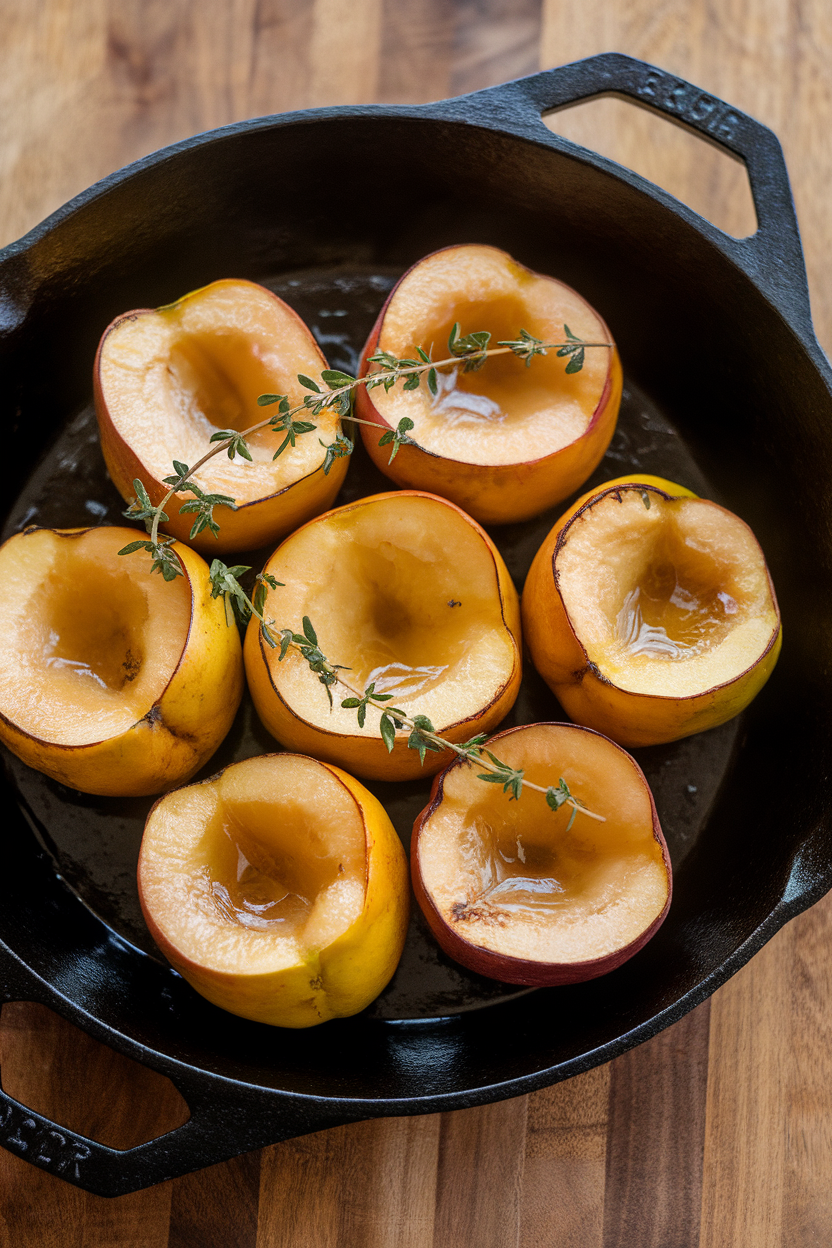 An indoor cast-iron skillet containing rosy baked quince halves glistening with honey, thyme sprigs on top—no text or logos; photo, not illustration