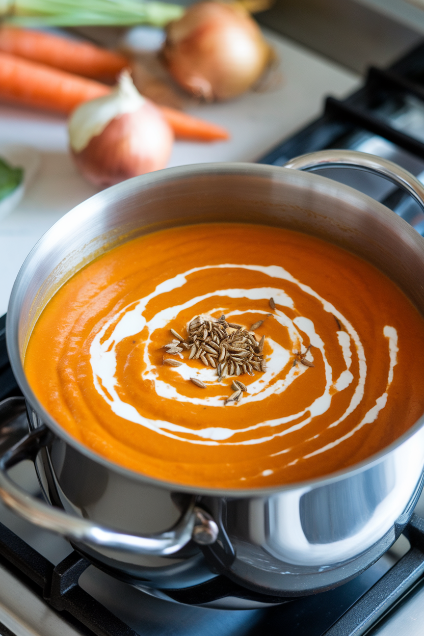 An indoor stovetop view of a pot of silky orange carrot soup with a swirl of yogurt and cumin seeds on top. Photo, no text or logos.