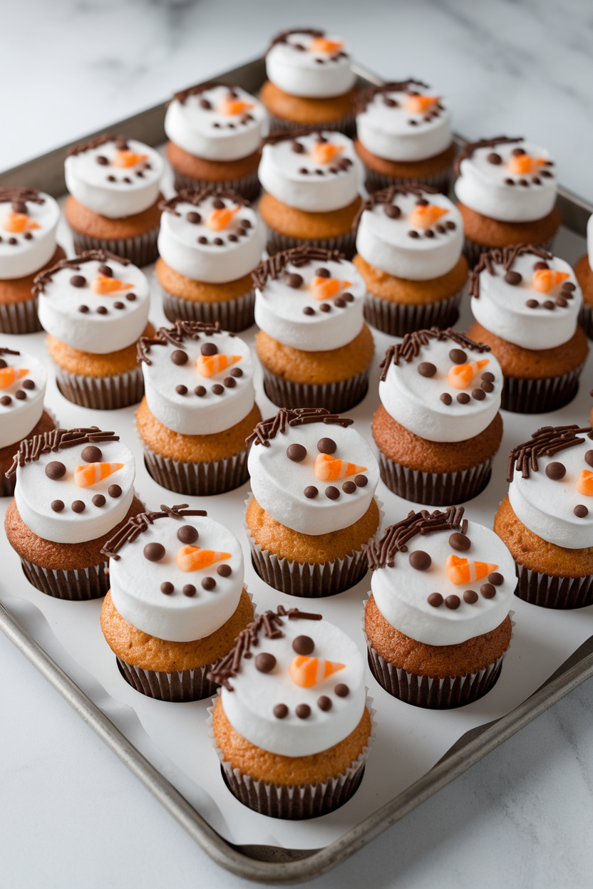 Photo of indoor baking sheet lined with cupcakes topped by two marshmallow snowman heads, chocolate sprinkle eyes, orange candy corn noses, no text or logos.
