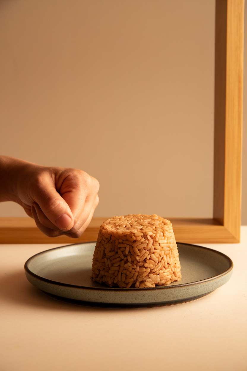 A fist placed next to a cooked fist-shaped mound of brown rice on a plate, indoor lighting, no branding.