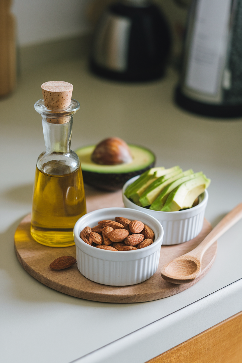 A small indoor countertop vignette of olive oil, sliced avocado, and a handful of almonds in ramekins—photo, no logos.