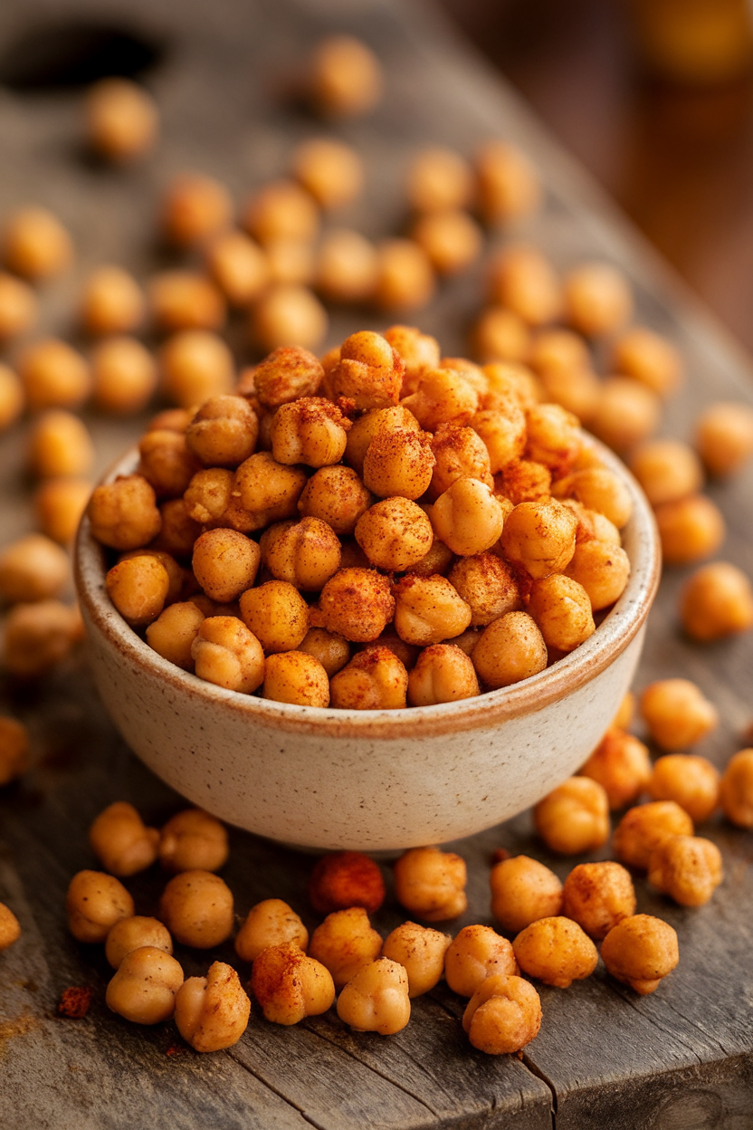 An indoor photo of a small ceramic bowl overflowing with crunchy roasted chickpeas seasoned with paprika and garlic powder. No text or logos.