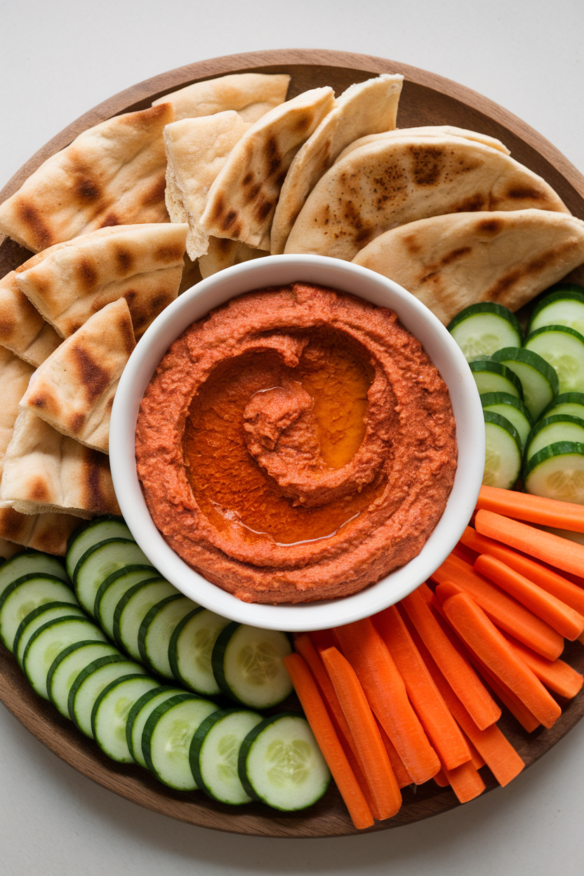 Photo of an indoor platter with a bowl of roasted red pepper hummus surrounded by pita wedges, cucumber rounds, and carrot sticks. No text or logos present.