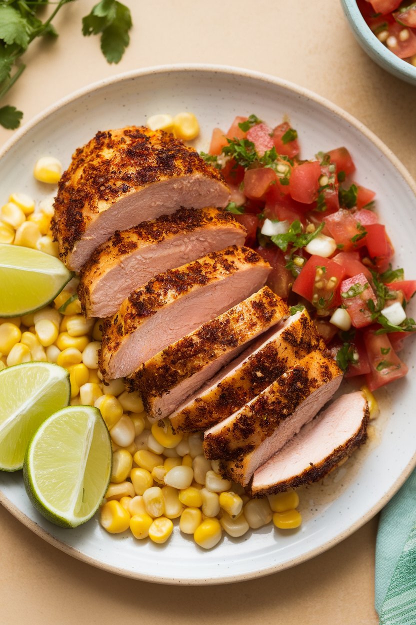 An indoor plate showing sliced chili-rubbed chicken breast alongside sweet corn and tomato salsa, lime wedges nearby. No text or logos; photo only.