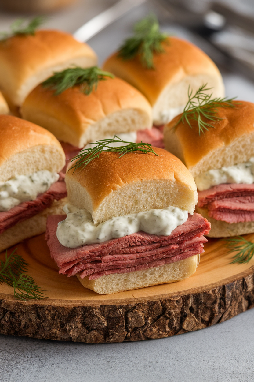 An indoor wooden board stacked with soft dinner-roll sliders filled with thin roast beef and creamy horseradish sauce, no text or logos.