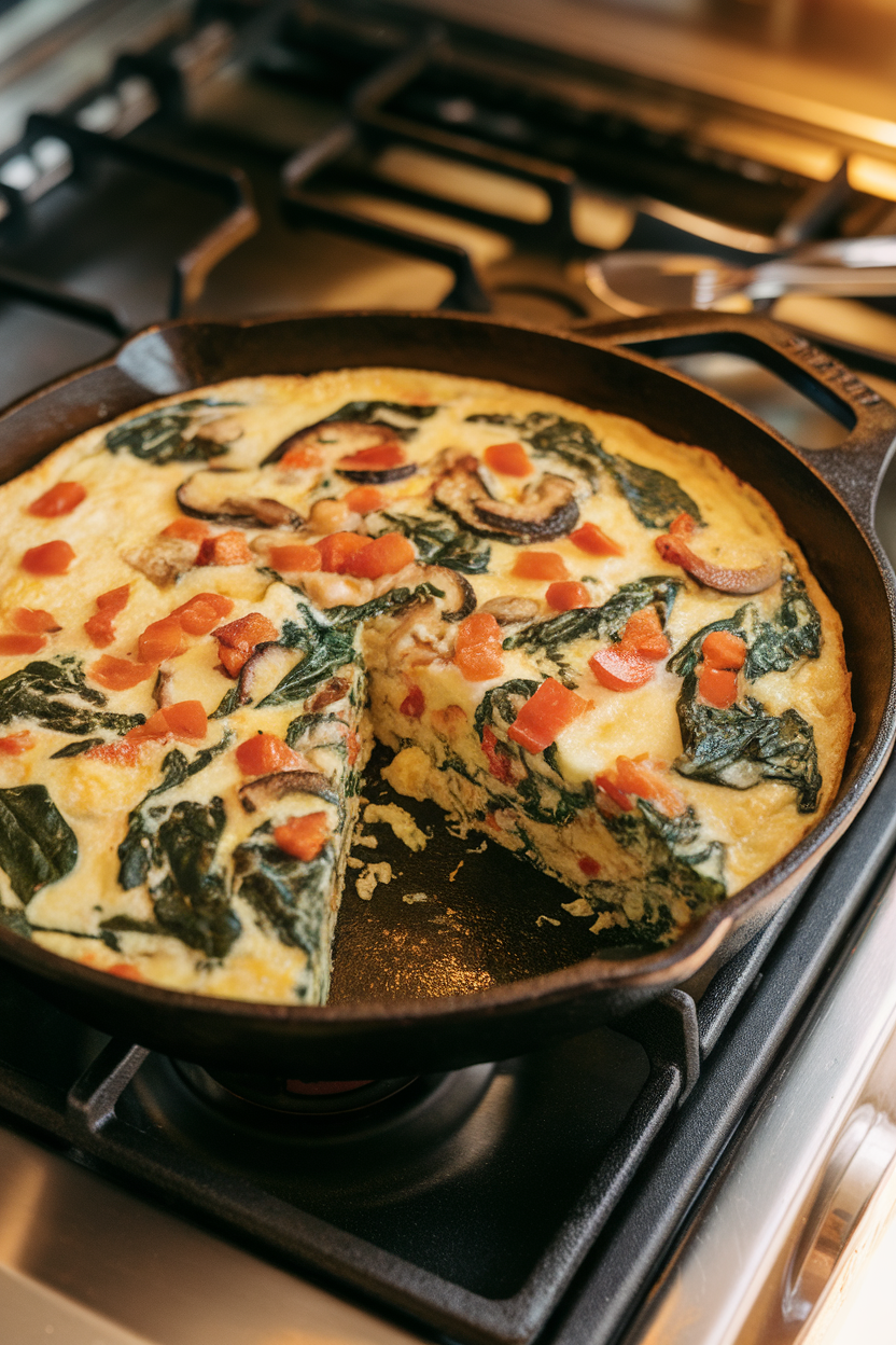 Photo of a sliced egg-white frittata resting in a cast-iron skillet on an indoor stovetop, speckled with spinach, diced red peppers, and mushrooms. Warm overhead lighting, no visible branding or logos.