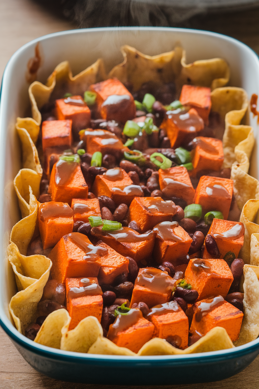 An indoor casserole dish filled with orange cubes of roasted sweet potato and black beans nestled in corn tortillas, drizzled with smoky adobo sauce, steam rising. No text or logos.