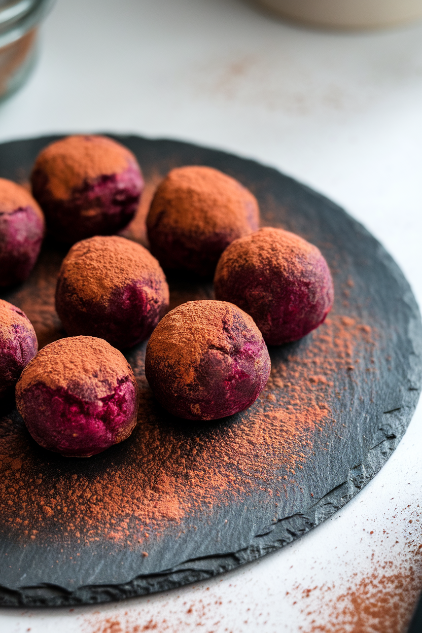 Photo of an indoor slate board with deep crimson beetroot brownie energy balls dusted lightly with cocoa powder. No text or logos.