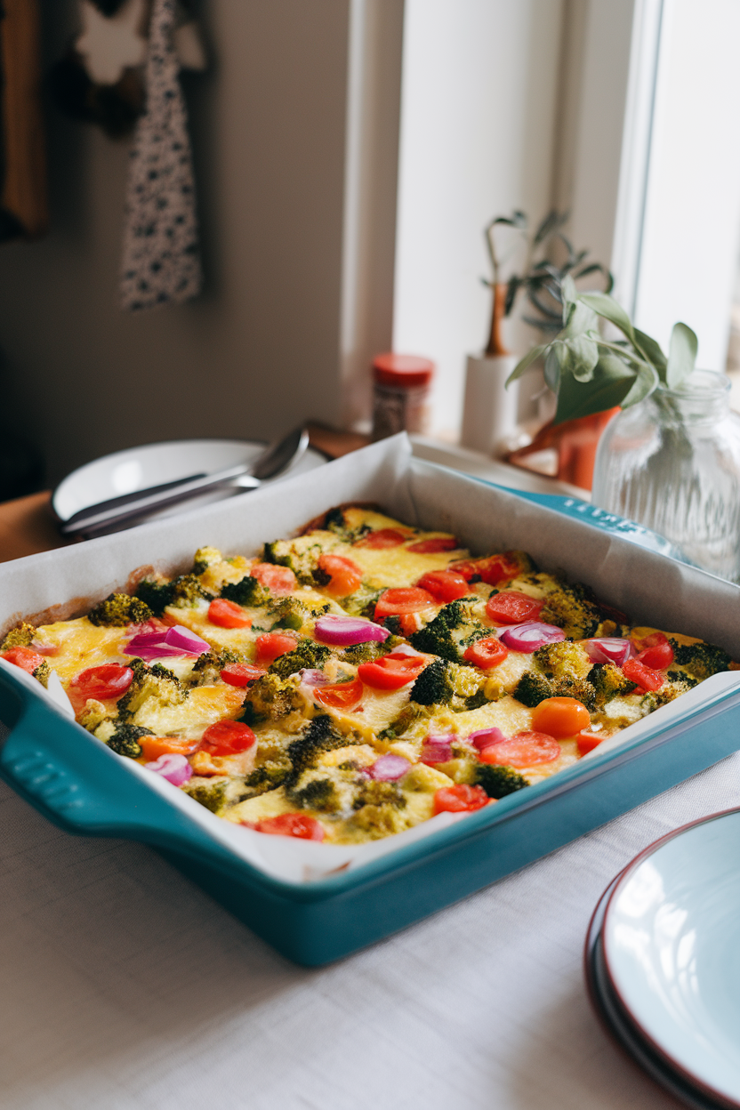 A baking dish on an indoor table containing colorful frittata squares with broccoli, tomatoes, and red onion, cut and ready to serve; no logos.