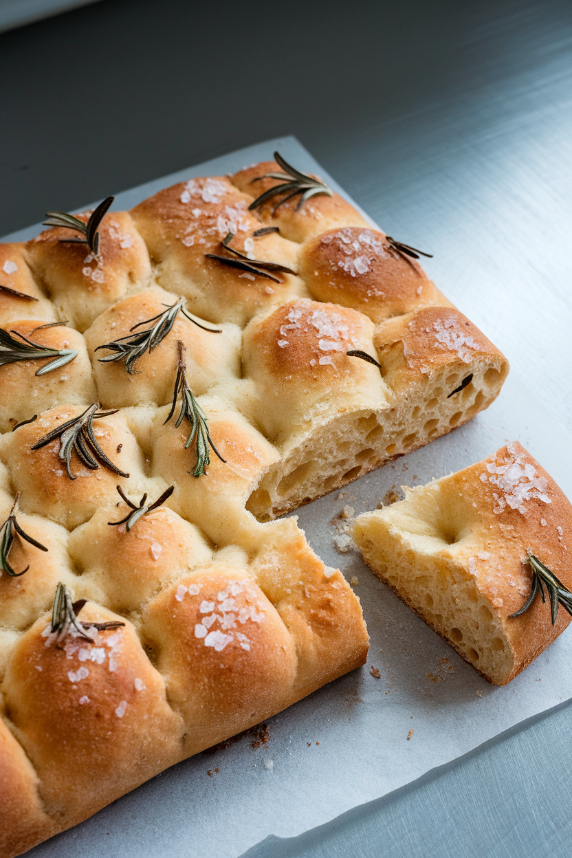 An indoor kitchen counter with a slab of rosemary focaccia, sea salt crystals on top, one piece torn to show airy interior. This should be a photo, not an illustration. No text or logos anywhere in the scene.