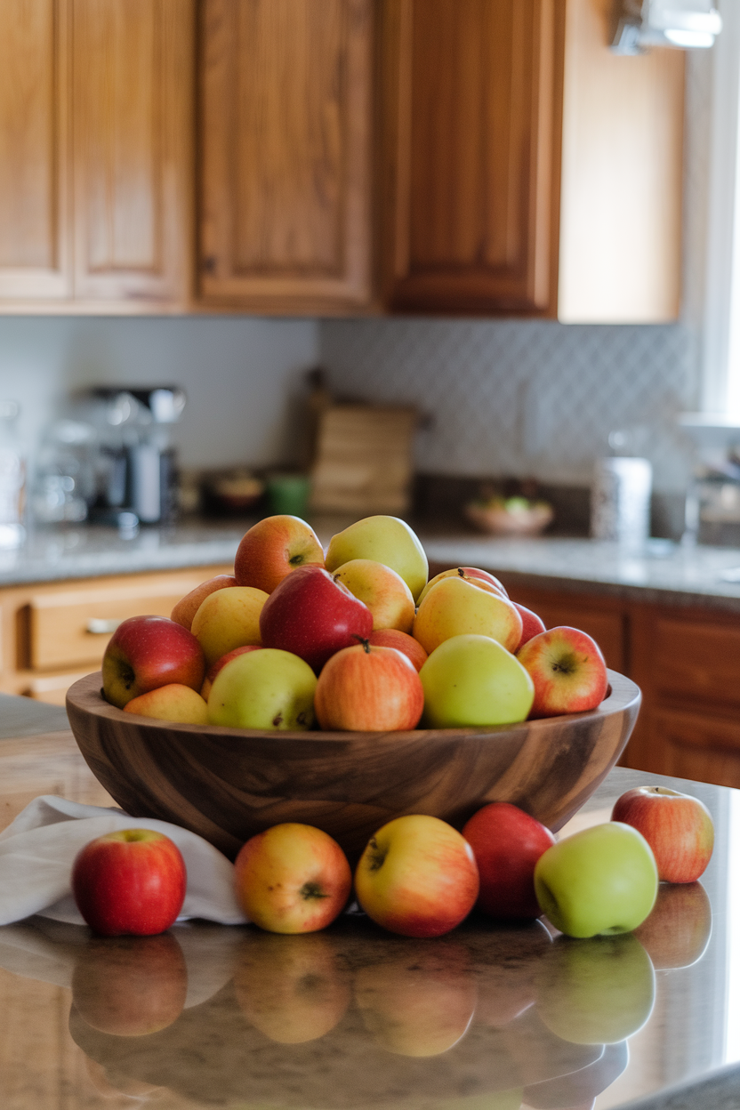 A wooden bowl overflowing with seasonal apples on a kitchen island, soft indoor daylight, photo, no text or logos