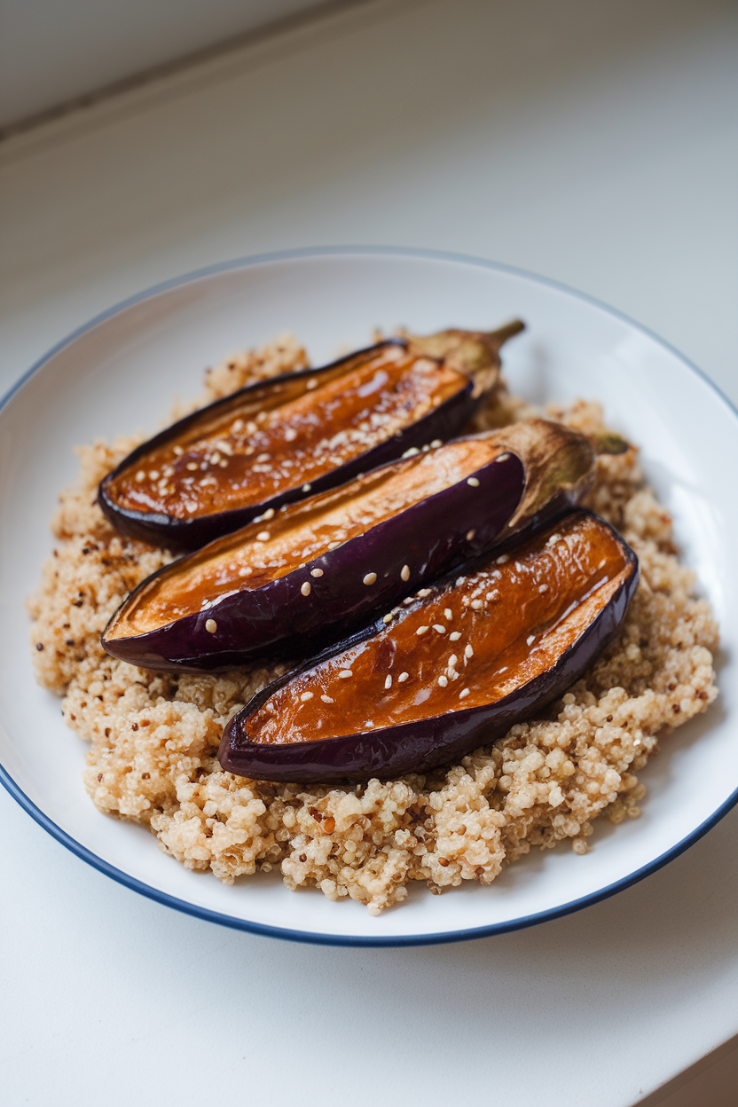 Indoor plate featuring glazed roasted eggplant slices atop fluffy quinoa, sesame seeds sprinkled over. No text or logos present.