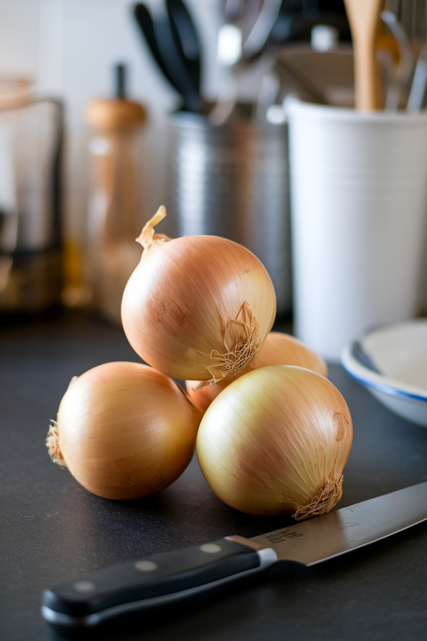 Three yellow onions stacked casually on an indoor countertop with a chef’s knife off to the side, no text or logos, photo.