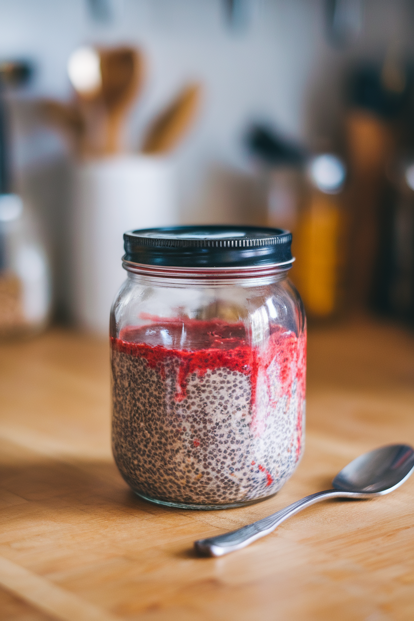 Photo of thick cranberry chia sauce in a clear glass jar on an indoor counter, spoon nearby. No text or logos.