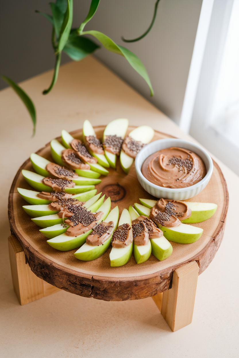 An indoor snack board with thin green apple wedges spread with creamy almond butter and topped with toasted chia seeds—photo, no text or logos.