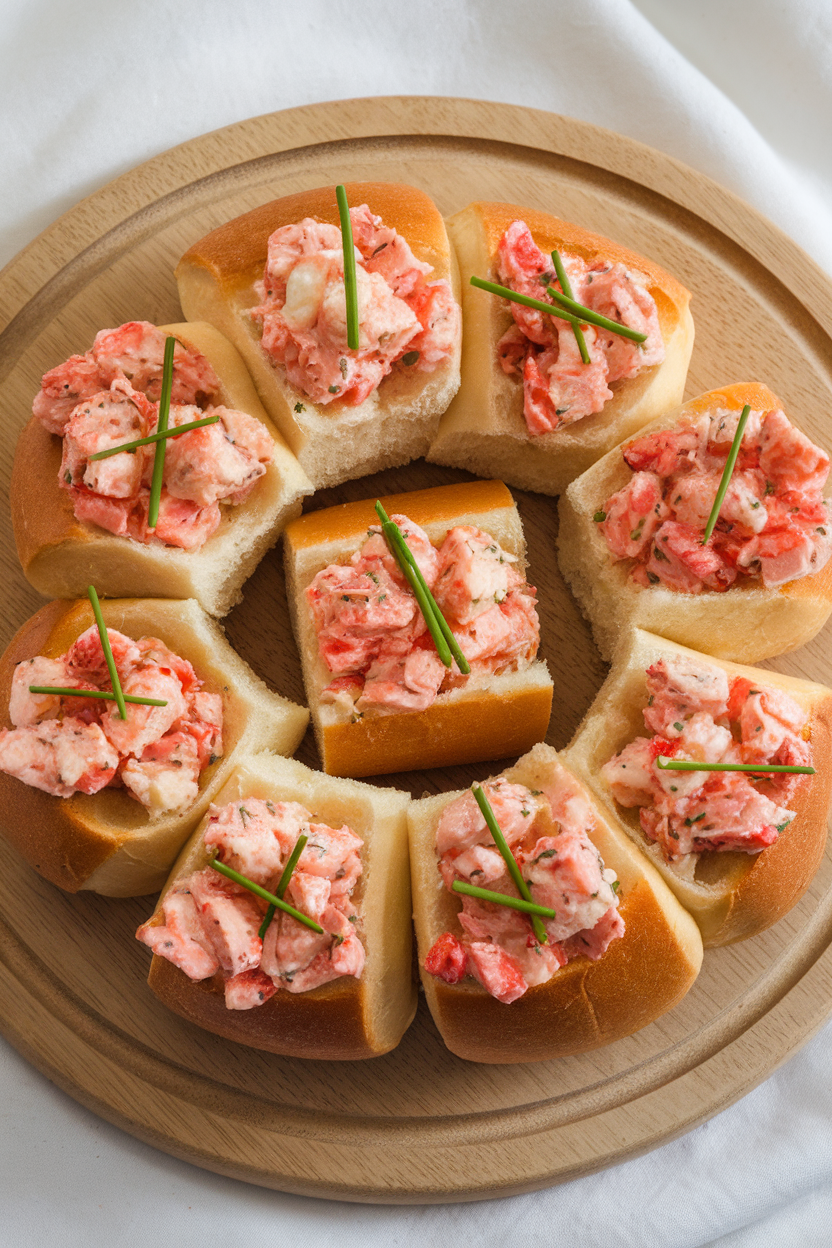 Photo of an indoor wooden board featuring small buttered split-top rolls stuffed with cooked lobster salad, chives sprinkled on top; no text or logos.