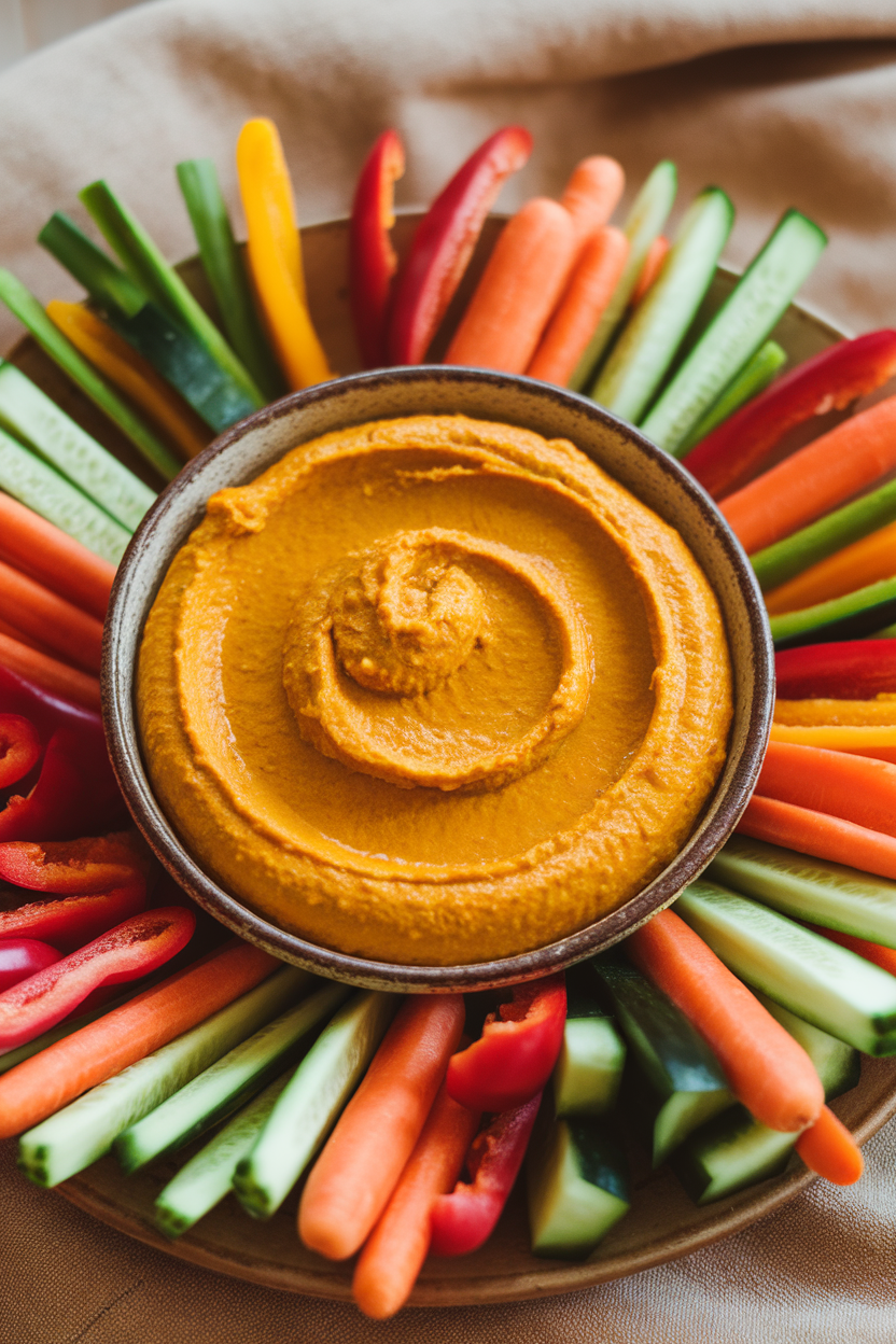 Photo of creamy pumpkin hummus in a shallow bowl, surrounded by colorful vegetable sticks on an indoor platter. No text or logos.