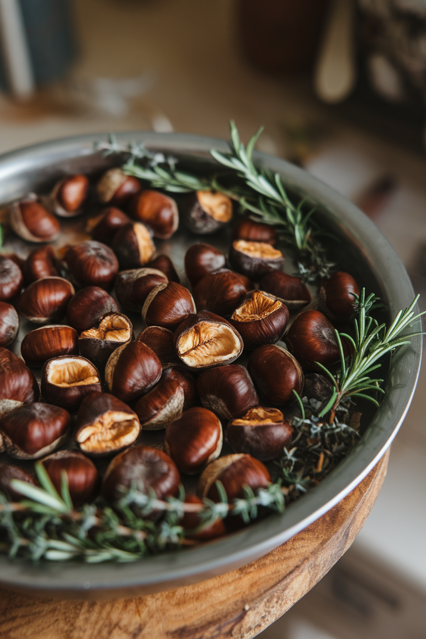 Indoor photo of a shallow dish of peeled roasted chestnuts showing golden interior, no text or logos.
