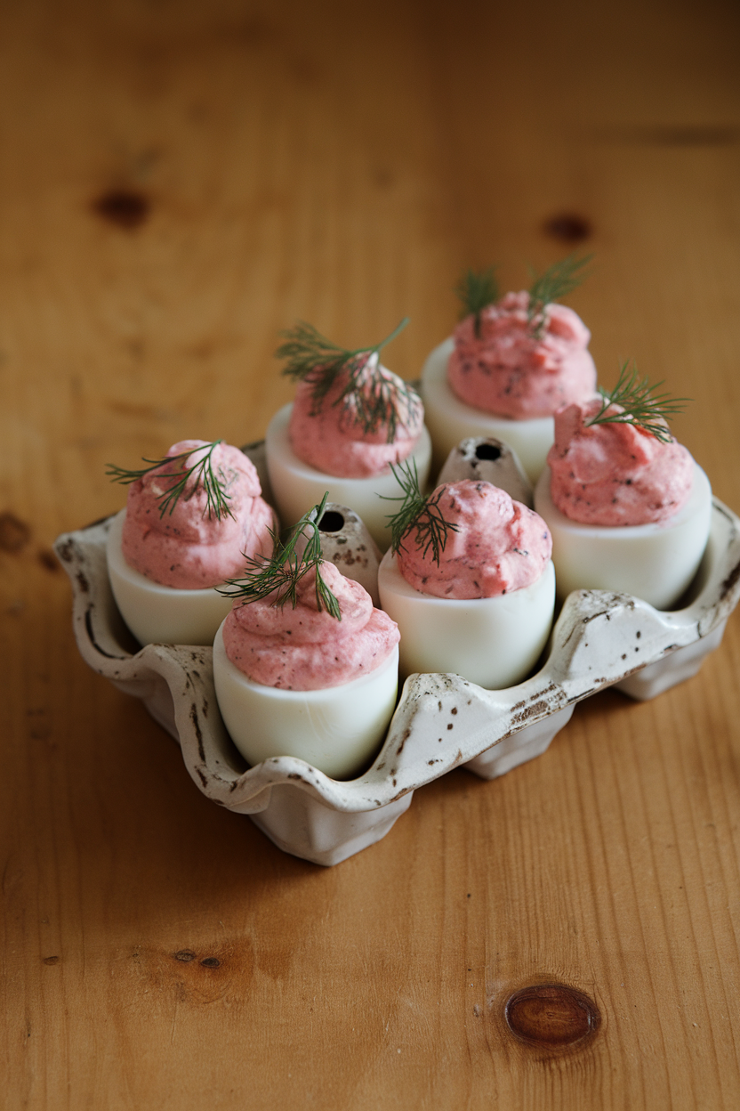 Indoor photo of a porcelain egg tray holding deviled eggs swirled with pink-flecked filling and topped with dill sprigs. No text or logos.