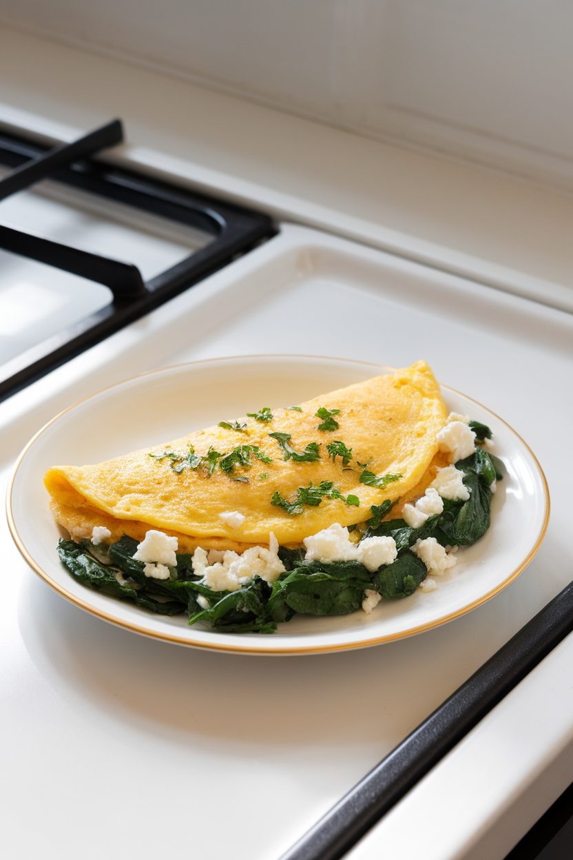 A brightly lit indoor stovetop scene showing a fluffy omelet folded over spinach and feta, garnished with chopped parsley on a white plate. No branding or text visible.