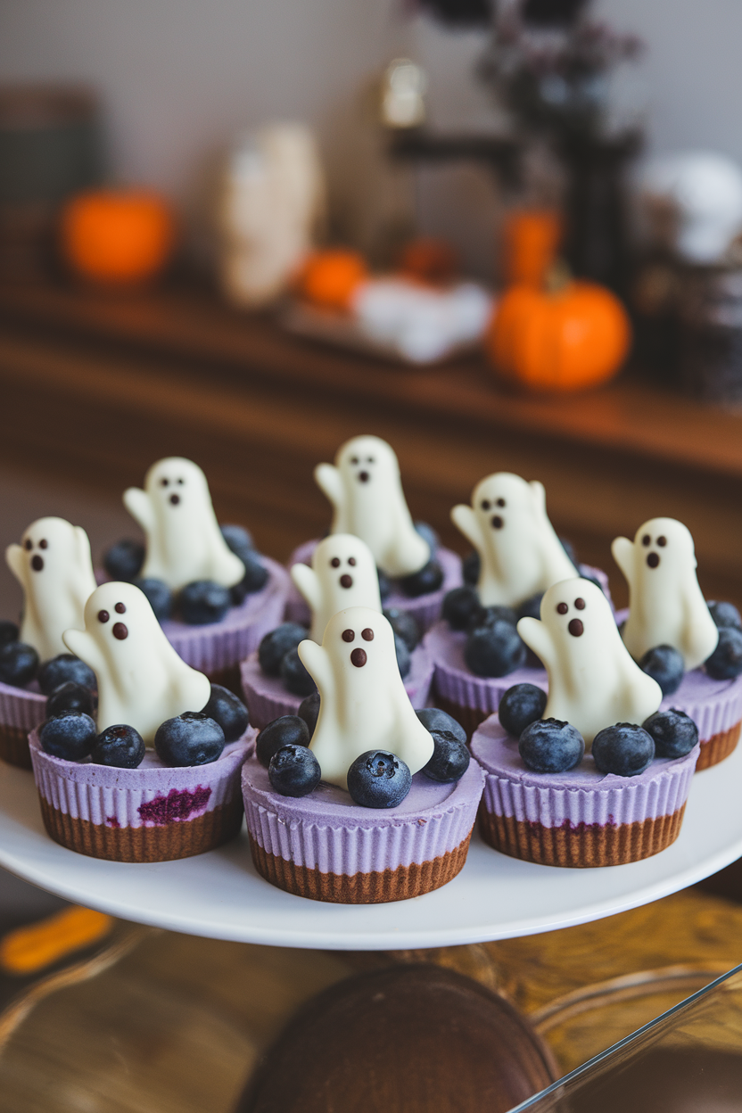 Bite-size blueberry cheesecakes with white chocolate ghost toppers, indoor setting, no text or logos.