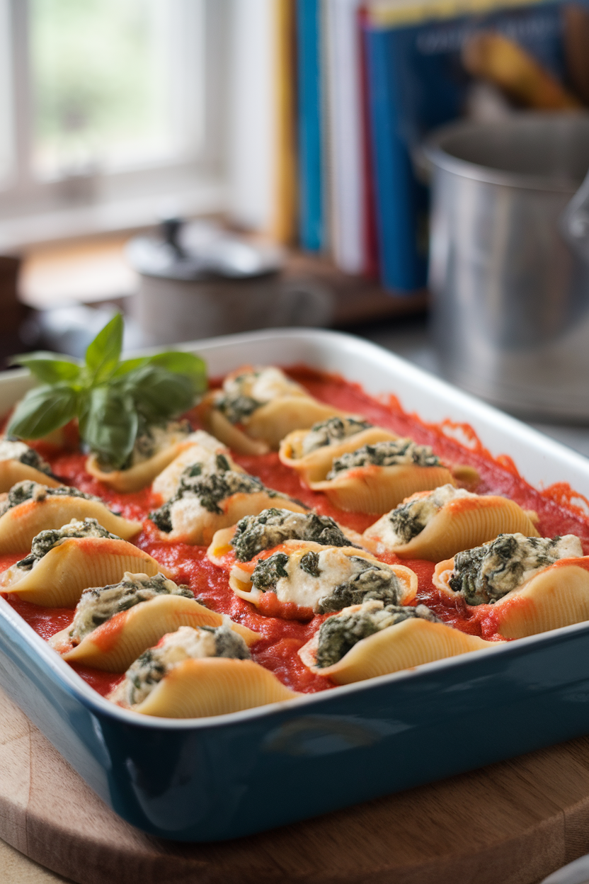 An indoor baking dish of jumbo pasta shells overflowing with ricotta, mozzarella, and Parmesan spinach filling, marinara bubbling around them. No text or logos visible.