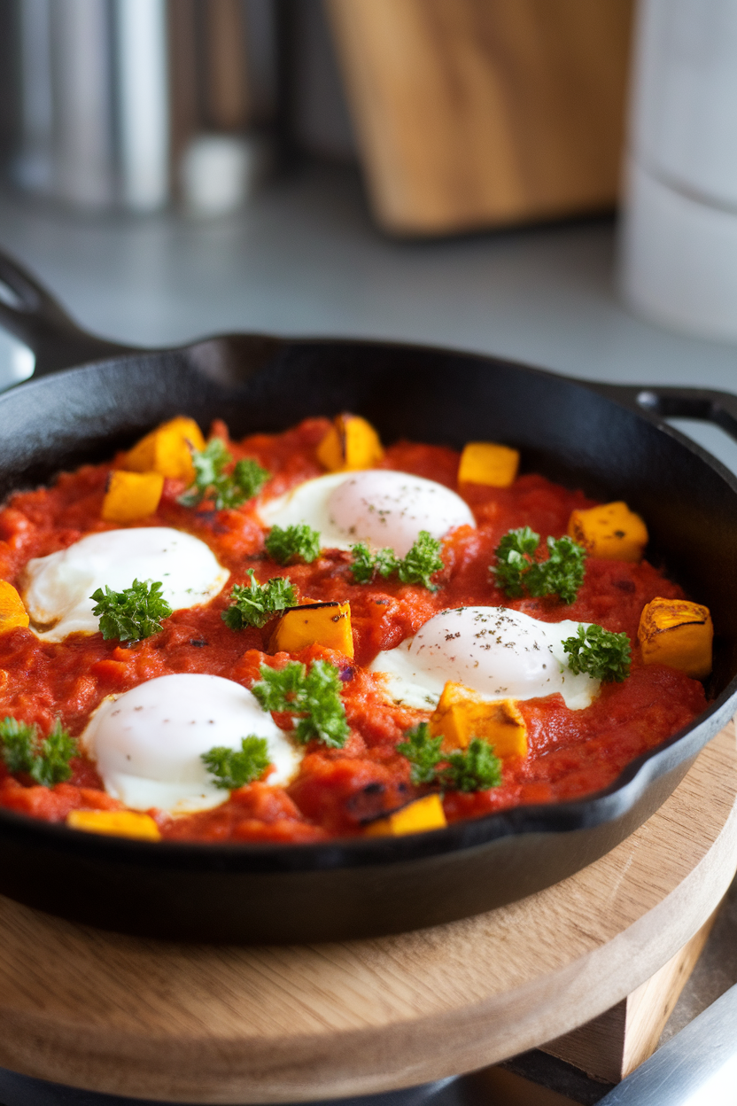 Cast-iron skillet indoors filled with tomato sauce, roasted squash cubes, and poached eggs, garnished with fresh parsley. No branding or text present.