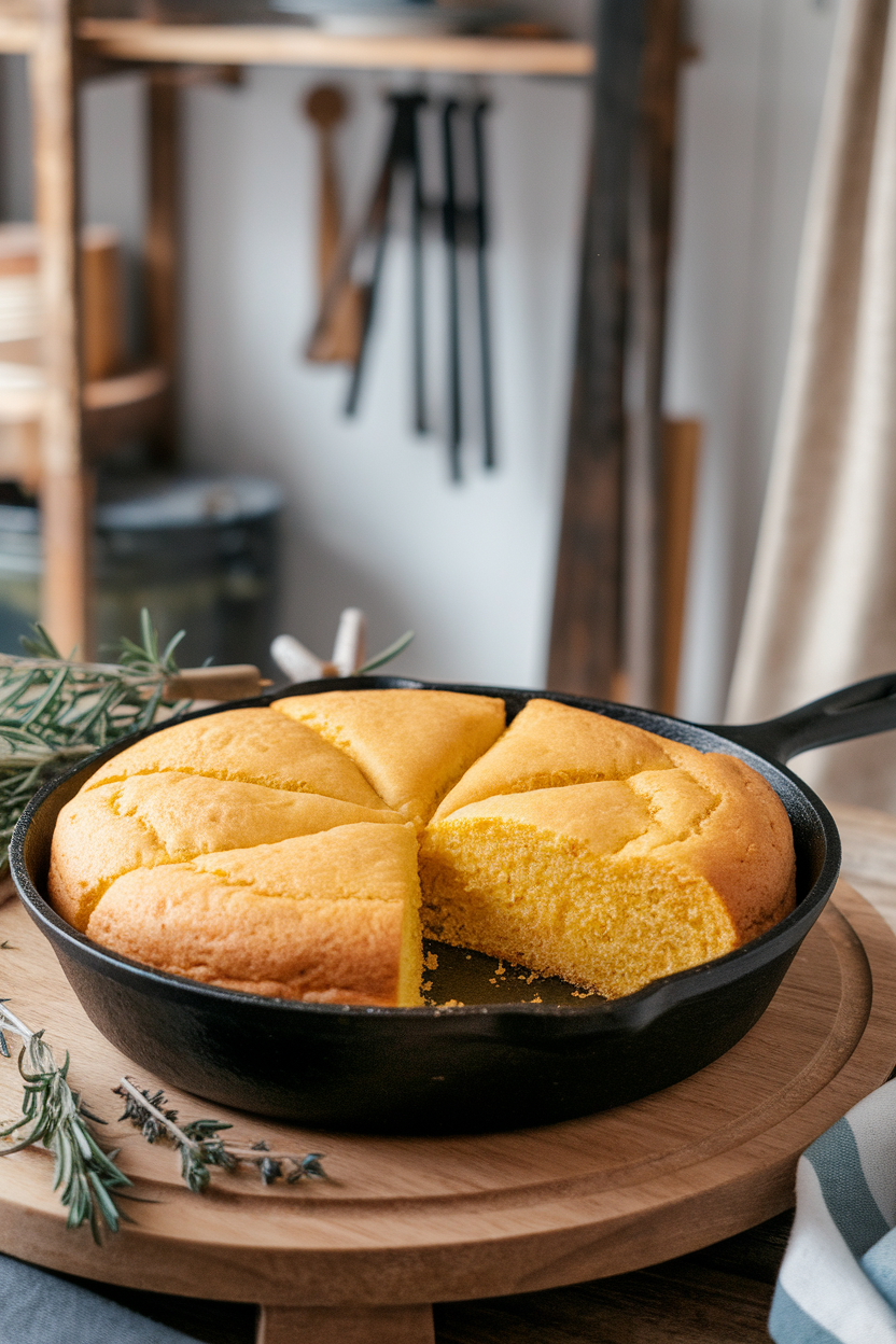 An indoor bakery-style setting with a cast-iron skillet cornbread, one wedge slightly pulled out to show moist crumb. This should be a photo, not an illustration. No text or logos anywhere in the scene.
