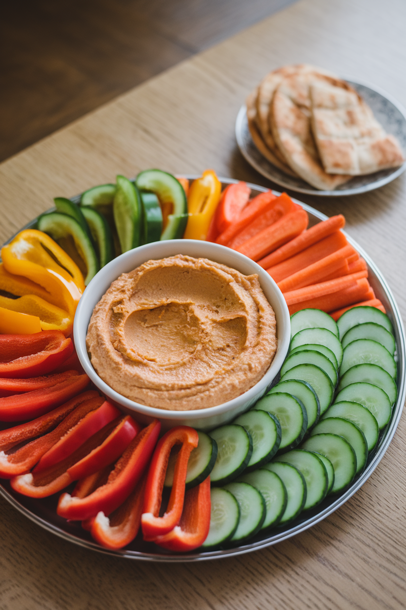 Indoor snack platter of sliced bell peppers, cucumber rounds, and carrots arranged around a bowl of hummus—photo.