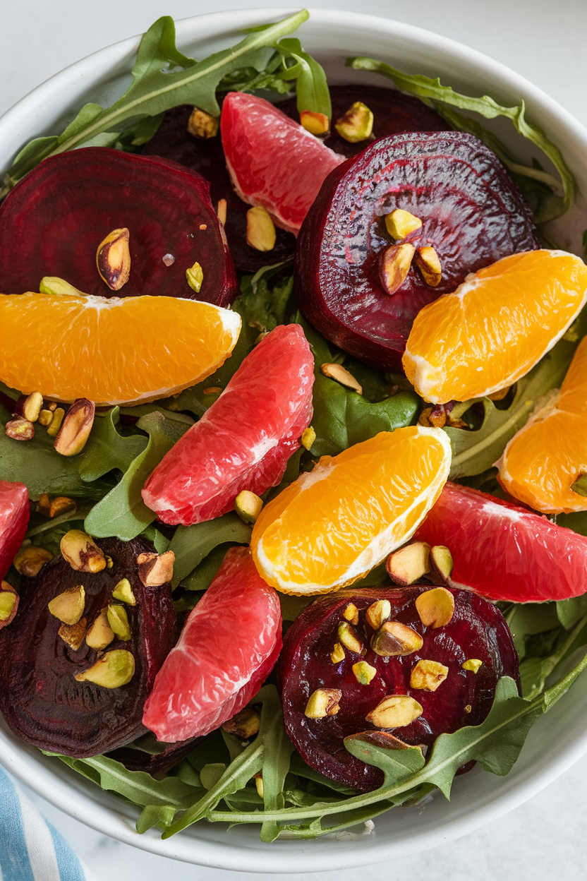 A chilled indoor salad bowl layered with ruby roasted beets, orange and grapefruit segments, arugula, and crushed pistachios, lightly dressed and glistening. No text or logos present.