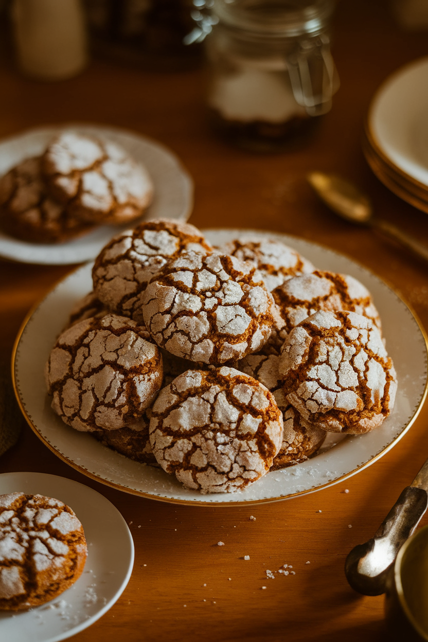 Indoor plate of crackled molasses cookies sprinkled with coarse sugar crystals; warm light, no logos. Photo, not illustration.